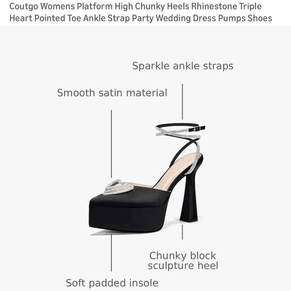 Rhinestone Triple Heart Platform Ankle Strap Pointed Toe Party Statement Heel 9 - Picture 6 of 13